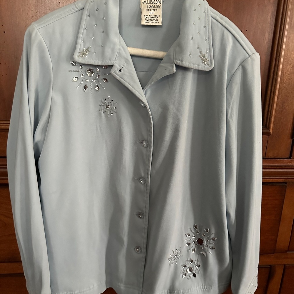Alison Daley Women's Blue Long Sleeve Lined Sequins Button Down Top 10P NWOT
